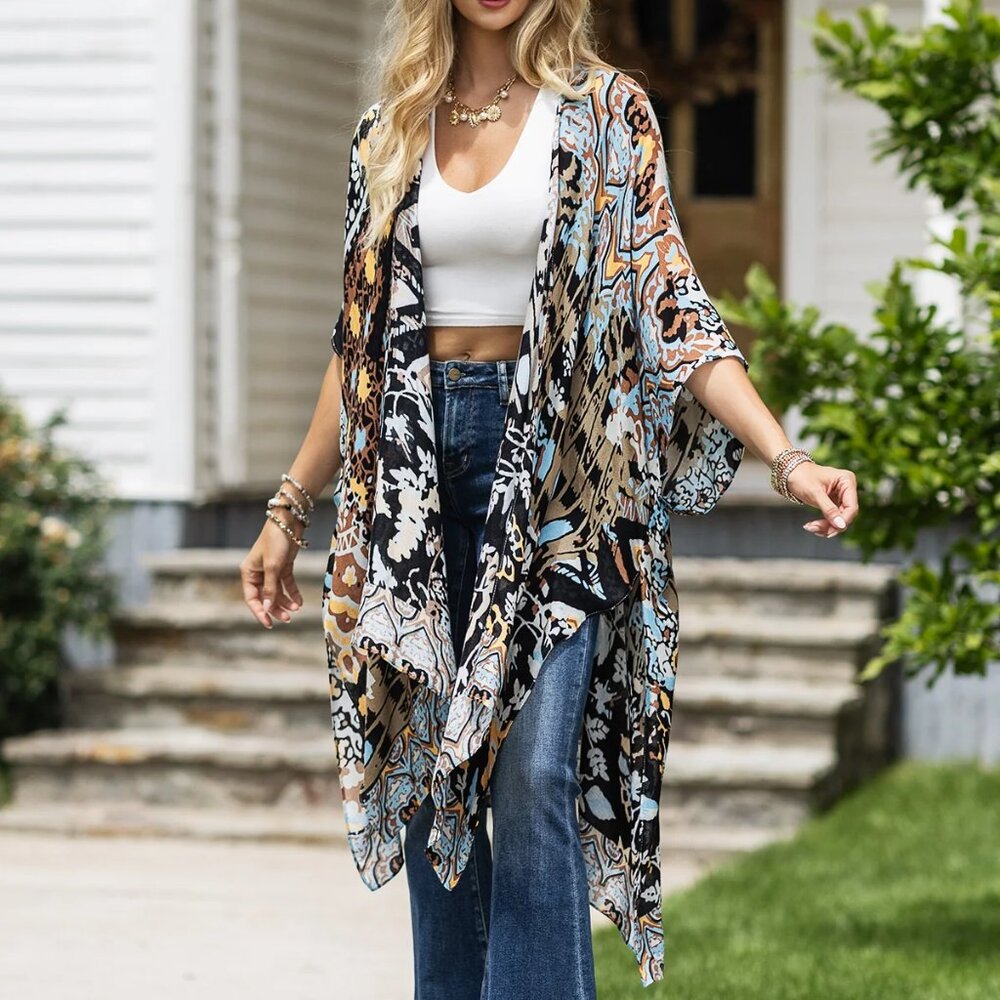 Tribal Print Kimono Lightweight Boho Duster Spring Summer Layering Piece - Picture 9 of 11